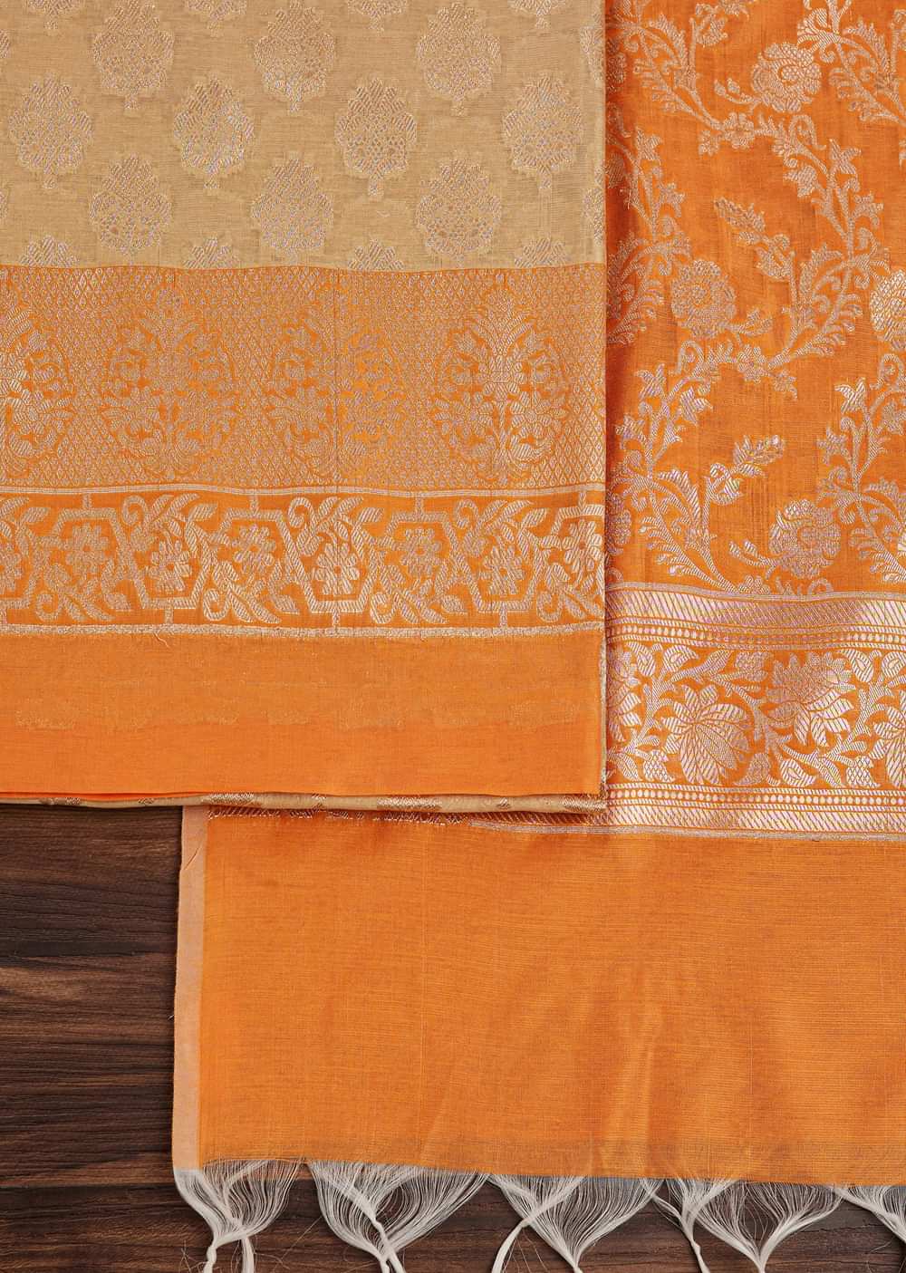 Orange Beige Banarasi Silk Unstitched Suit Set With Woven Detailing