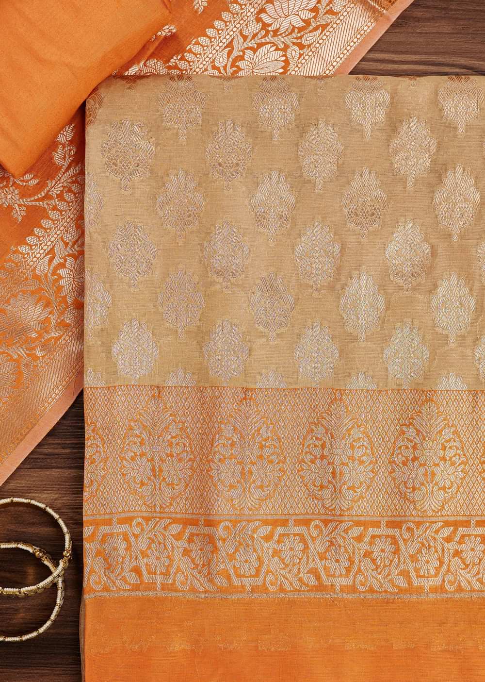 Orange Beige Banarasi Silk Unstitched Suit Set With Woven Detailing