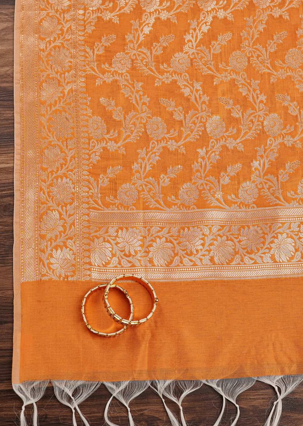 Orange Beige Banarasi Silk Unstitched Suit Set With Woven Detailing