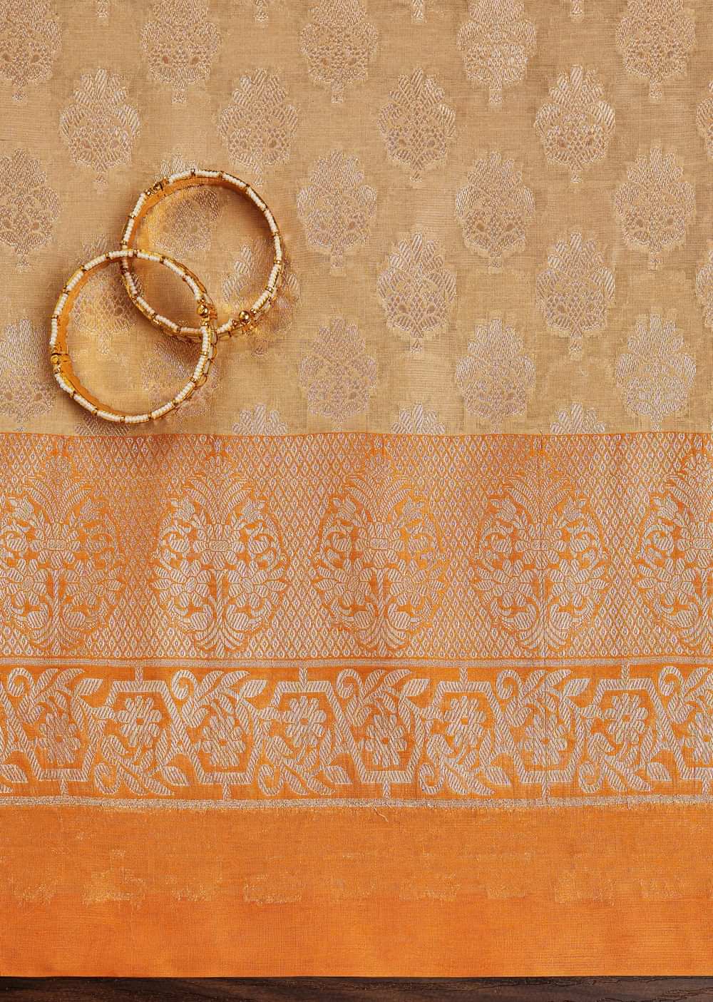 Orange Beige Banarasi Silk Unstitched Suit Set With Woven Detailing