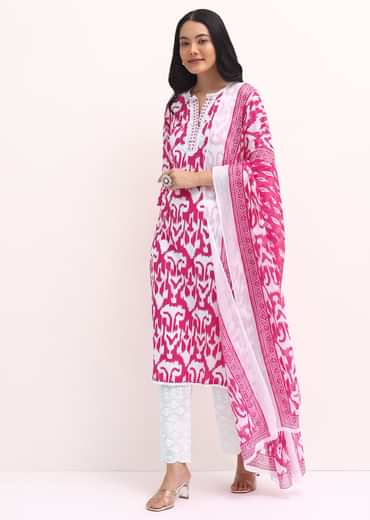 Pink And White Printed Kurta Set With Dupatta