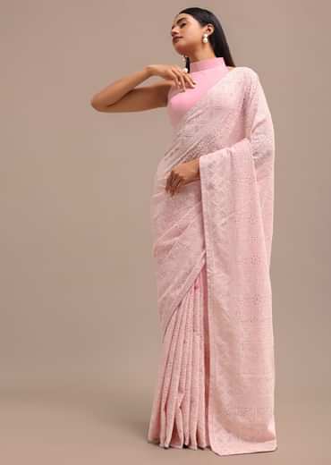 Baby Pink Georgette Chikankari Saree With Unstitched Blouse