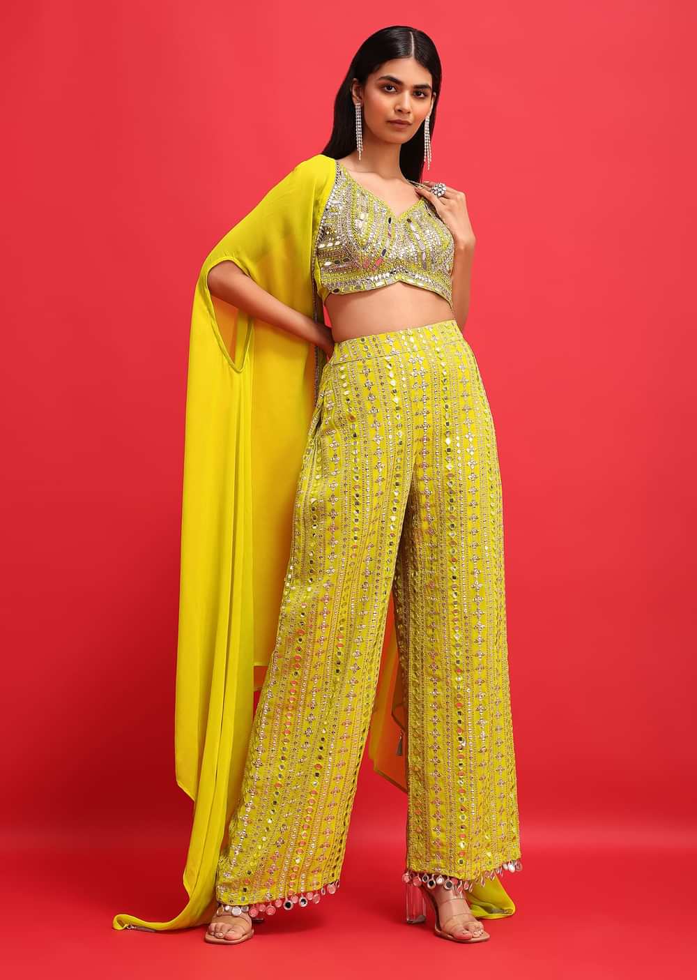 Lime Green Embroidered Georgette Crop Top And Palazzo Set With Jacket