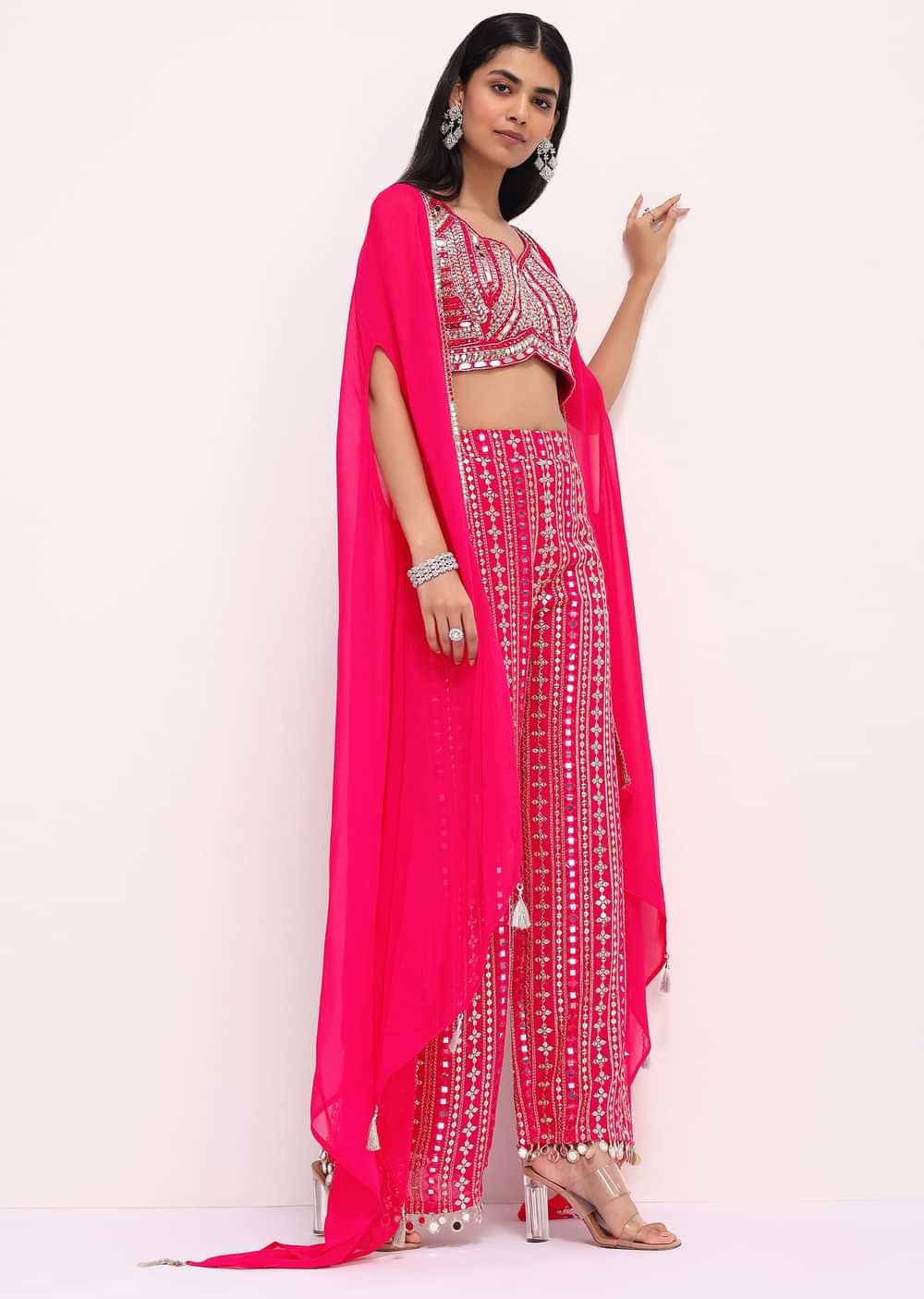 Pink Embroidered Georgette Crop Top And Palazzo Set With Jacket