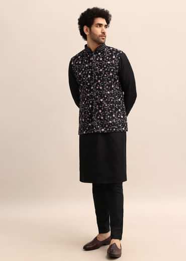 Black Kurta Set With Embroidered Jacket