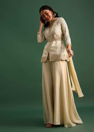 Beige Tissue Kurta Palazzo Set With Sequin And Resham Work
