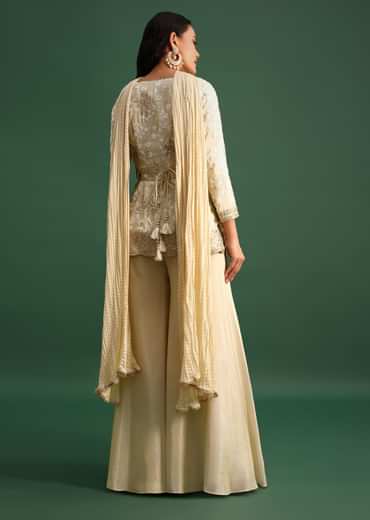 Beige Tissue Kurta Palazzo Set With Sequin And Resham Work