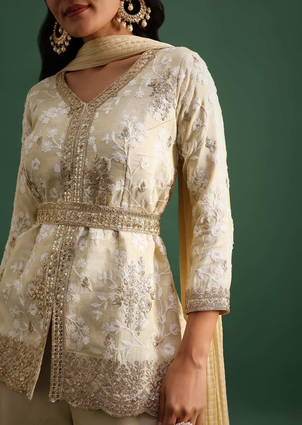 Beige Tissue Kurta Palazzo Set With Sequin And Resham Work