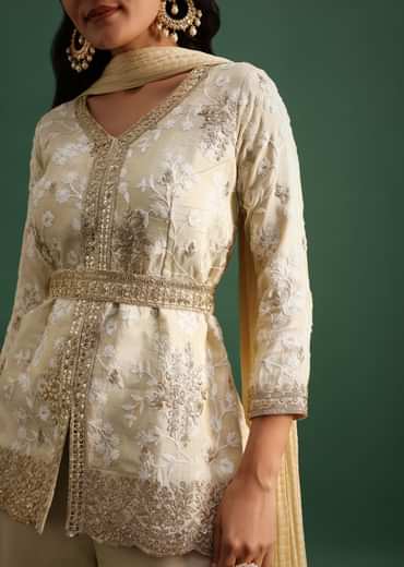 Beige Tissue Kurta Palazzo Set With Sequin And Resham Work