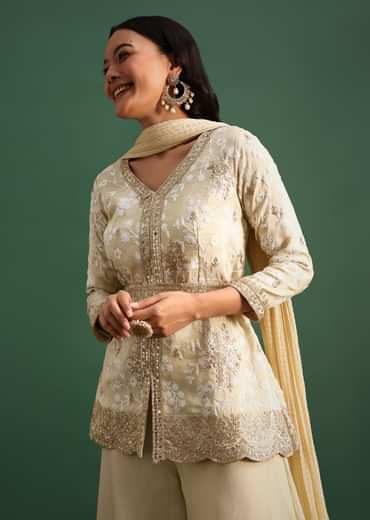 Beige Tissue Kurta Palazzo Set With Sequin And Resham Work
