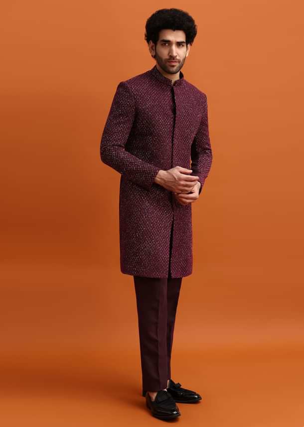 Wine Cutdana Embroidered Sherwani For Men Wine Cutdana Embroidered Sherwani For Men