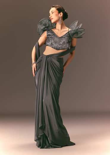 Metallic Pre Draped Saree With 3D Ruffle Blouse