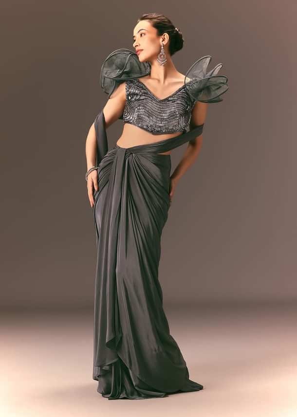 Metallic Pre Draped Saree With 3D Ruffle Blouse