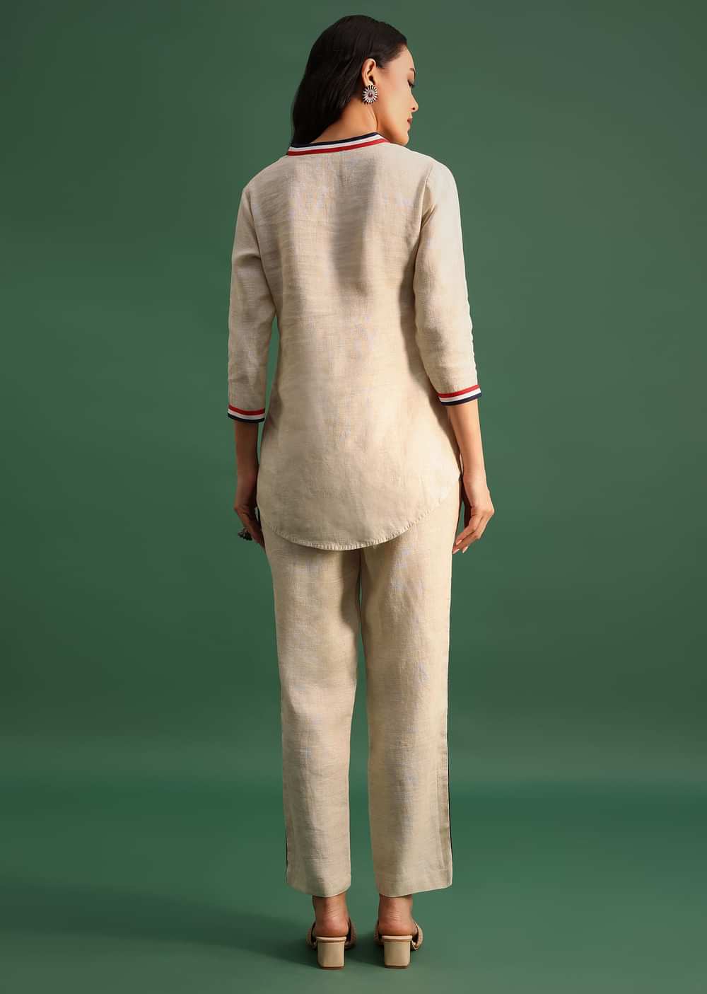 Beige Linen Top And Pant With Patch Work