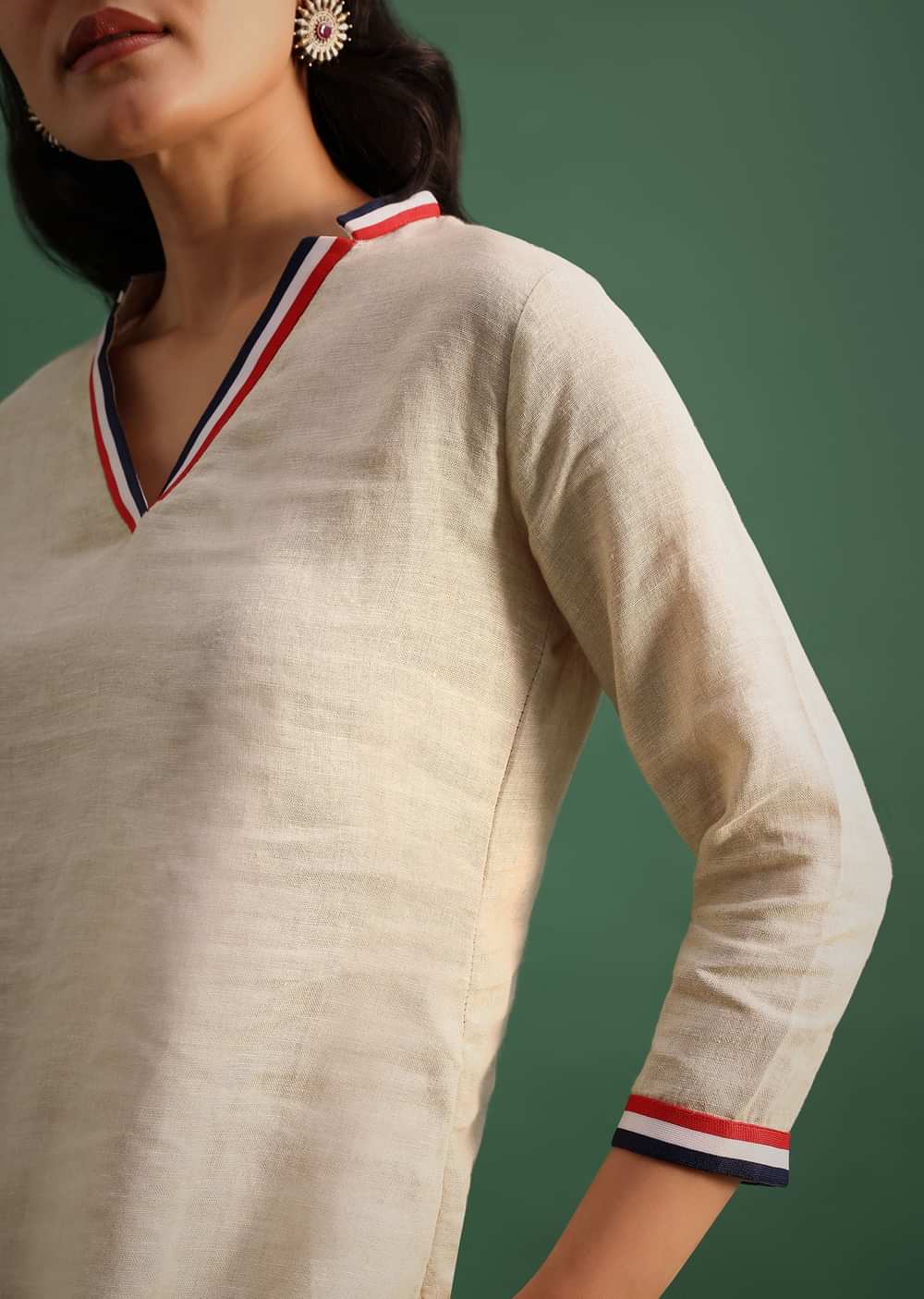 Beige Linen Top And Pant With Patch Work