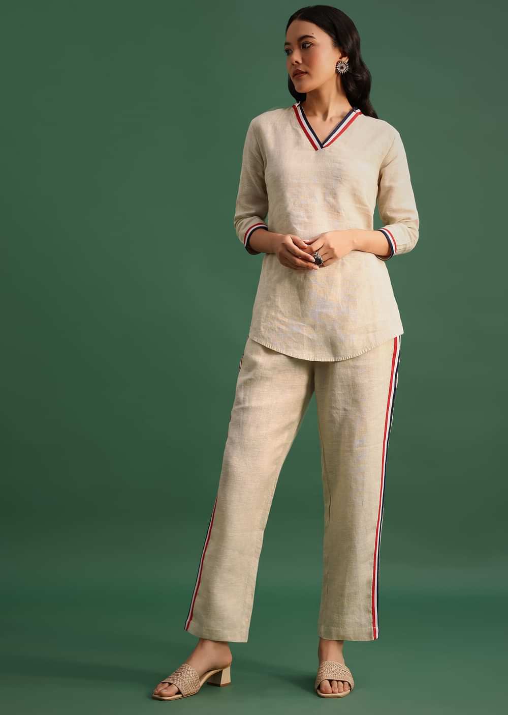 Beige Linen Top And Pant With Patch Work