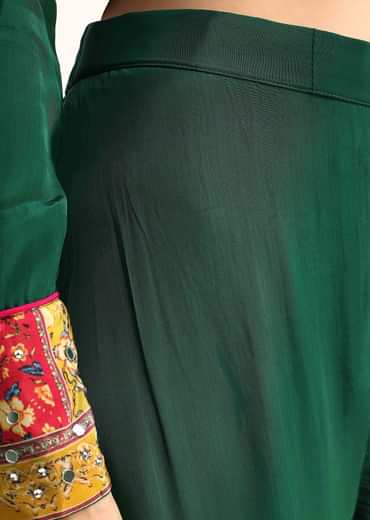 Green Embroidered Satin Kurta Palazzo With Dupatta