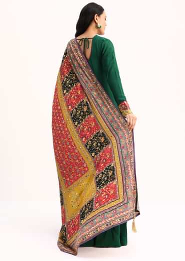 Green Embroidered Satin Kurta Palazzo With Dupatta