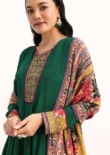 Green Embroidered Satin Kurta Palazzo With Dupatta