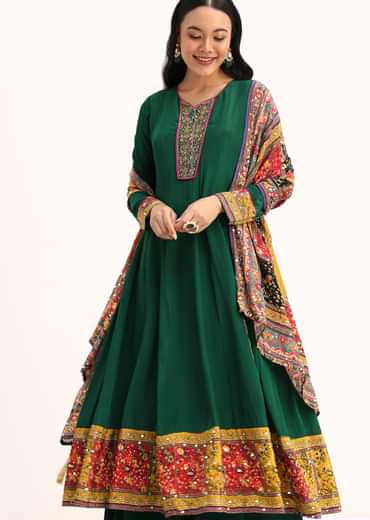 Green Embroidered Satin Kurta Palazzo With Dupatta
