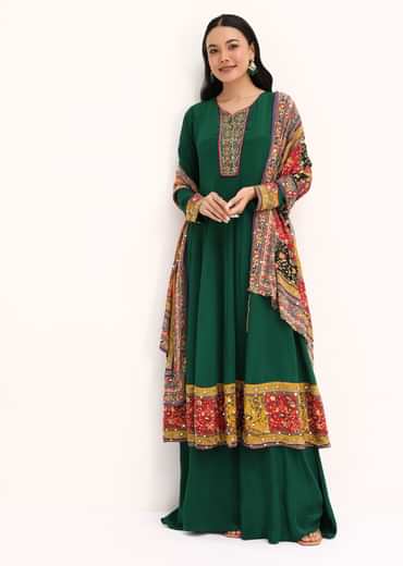 Green Embroidered Satin Kurta Palazzo With Dupatta