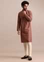 Pink Printed Silk Kurta Set For Men