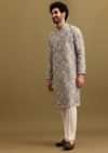 Grey Printed Silk Zipper Kurta Set For Men