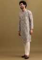 Grey Printed Silk Zipper Kurta Set For Men