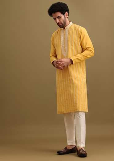 Yellow Silk Kurta Set With Resham Work For Men