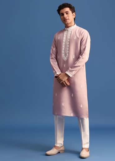 Purple Silk Resham Embroidered Kurta Set
