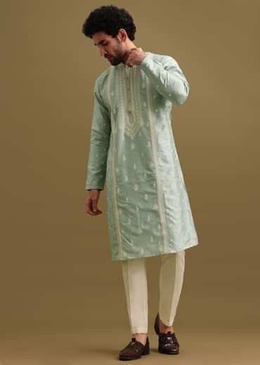 Aqua Blue Silk Kurta Set With Resham Work For Men