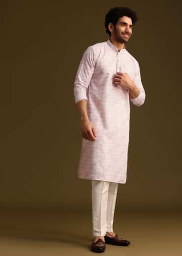 Lilac Silk Schiffli Work Kurta And Pant