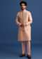 Peach Kurta Jacket Set With Zari Work And Mirror Embroidery For Men