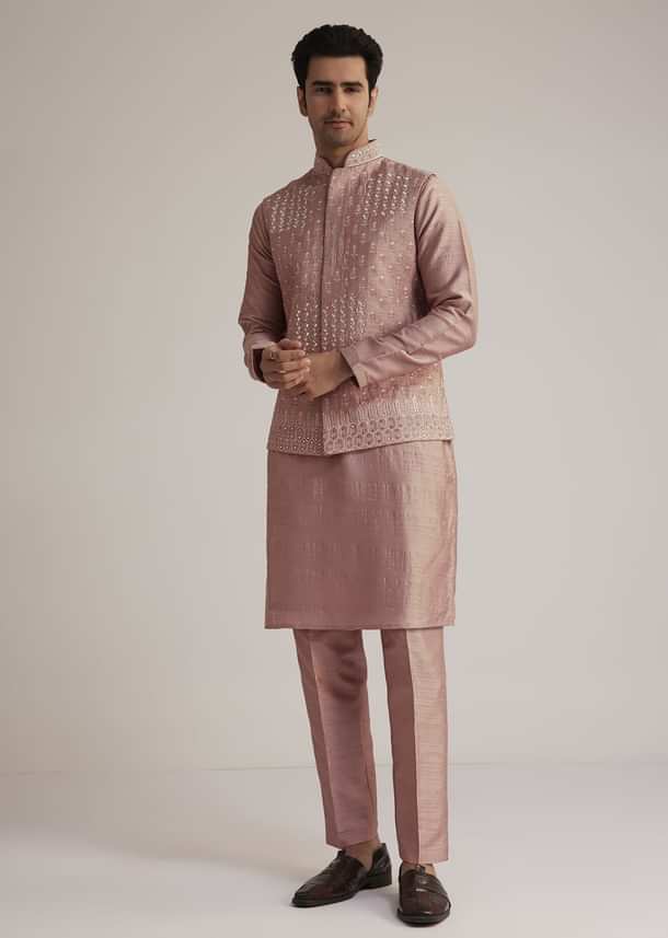 Onion Pink Raw Silk Kurta Set With Embroidered Nehru Jacket