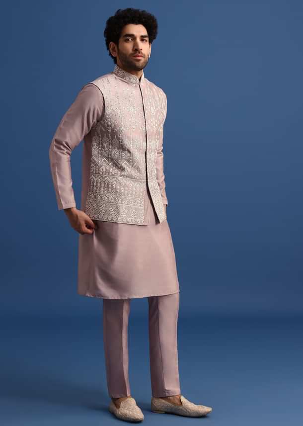 Lilac Kurta Jacket Set With Thread Work For Men