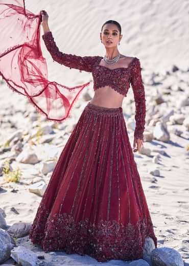 Red Organza Embroidered 12 Kali Lehenga And Blouse With Dupatta