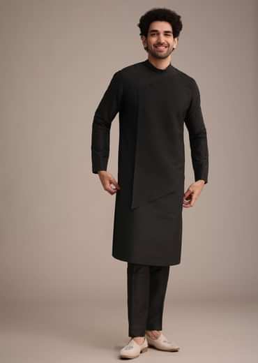 Black Silk Blend Pintuck Kurta Jacket Set