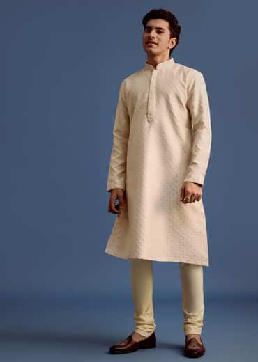Ivory Printed Kurta Pyjama Set For Men
