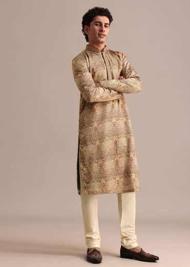 Brown Satin Printed Kurta Set For Men