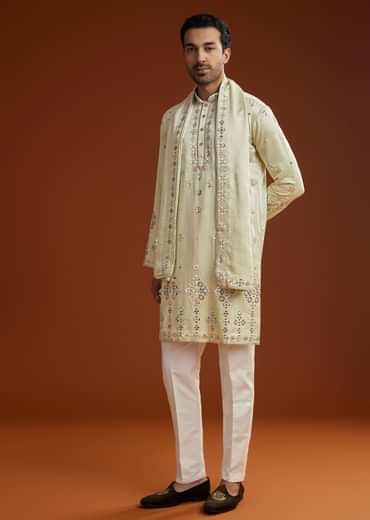 Sea Green Mirrorwork Kurta Jacket Set With Dupatta