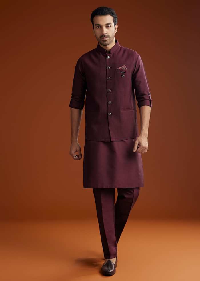 Wine Silk Kurta Jacket Set With Pintucks Detailing