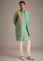 Mint Green And Yellow Pashmina Silk Jacket and Kurta Set