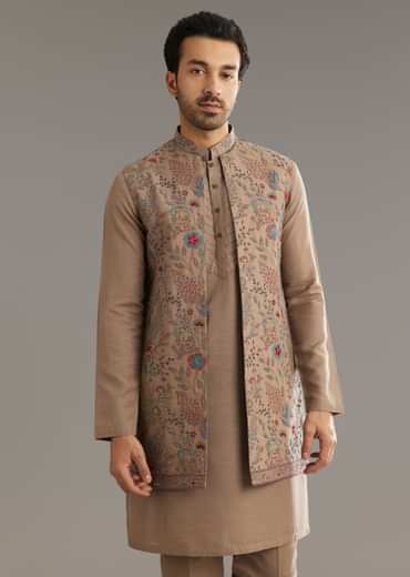 Beige Cotton Silk Kurta Jacket Set With Thread And Bead Work
