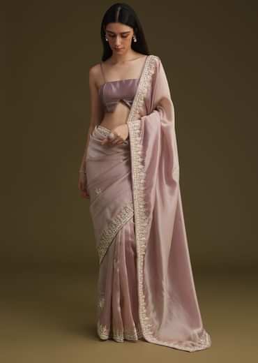 Pink Tissue Saree With Mirror And Sequins Embroidery