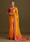 Yellow Zardosi Embroidered Saree With Contrast Pallu Border And Unstitched Blouse