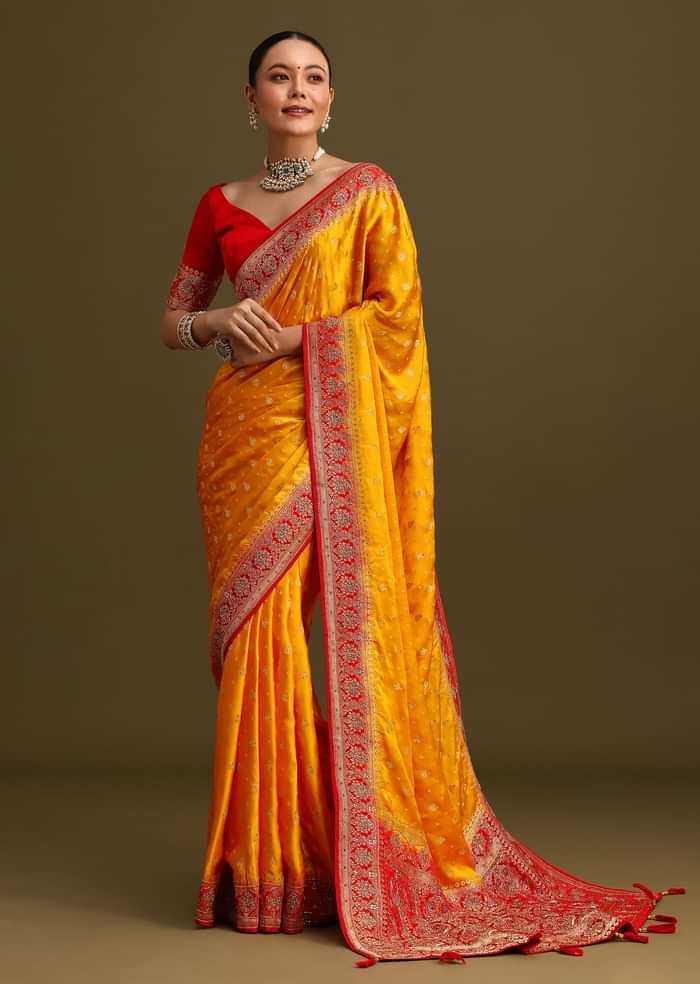 Yellow Zardosi Embroidered Saree With Contrast Pallu Border And Unstitched Blouse