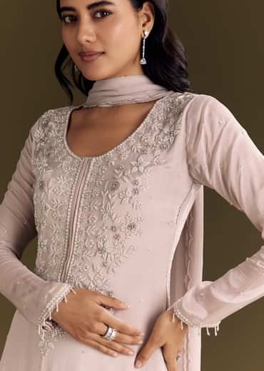 Lavender Chinon Zardosi Kurta Sharara With Cutdana Dupatta