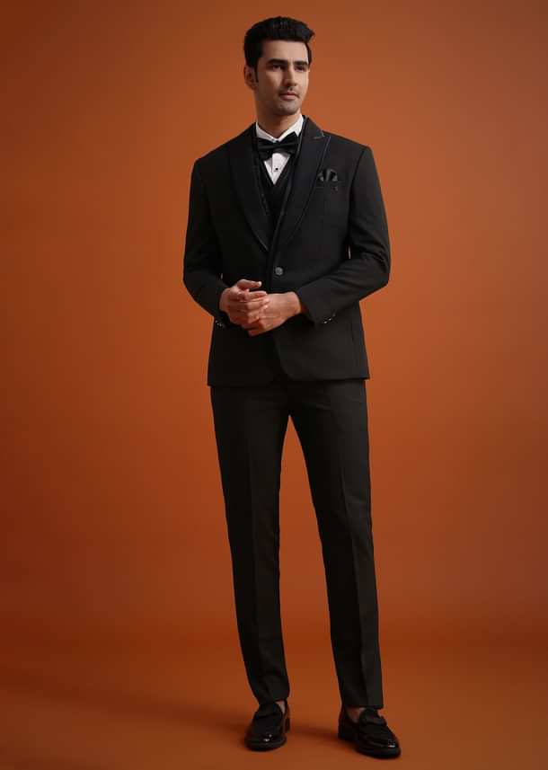 Black Rayon Tuxedo And Pant Set With Embellished Stones