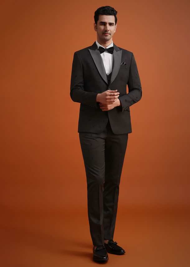 Black Terry Rayon Tuxedo, Waistcoat And Pant Set