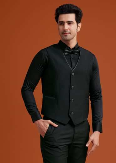 Black Textured Tuxedo With Satin Peak Lapels